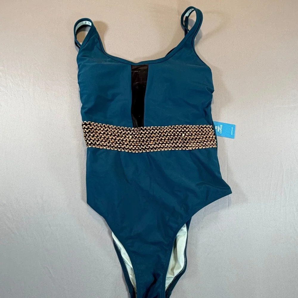 Cupshe Teal‎ Blue One Piece Swimsuit Mesh Plunge Gold Belt Tummy Contouring NEW